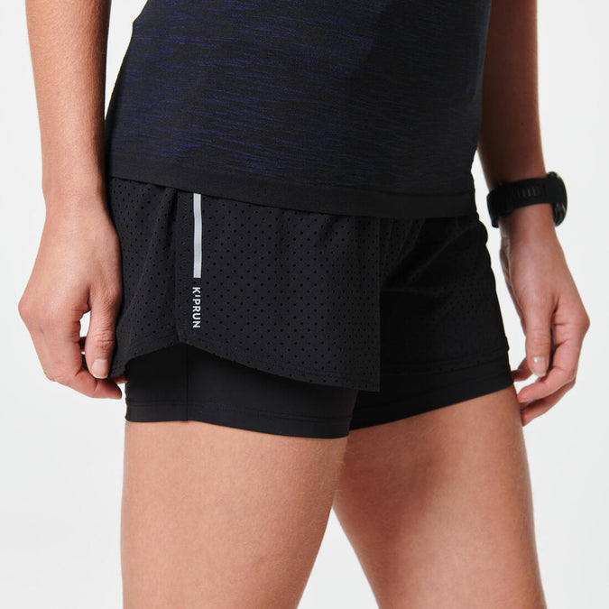 Short 2 en 1 running transpirable mujer - KIPRUN Run 500 Confort negro, photo 8 of 7